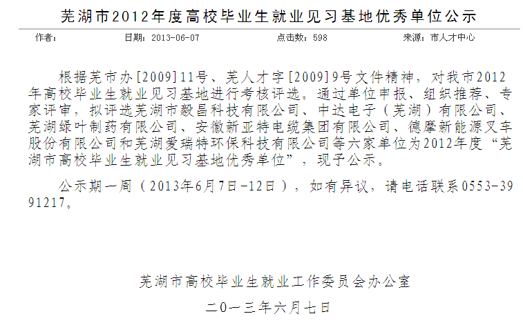 熱烈祝賀我司榮獲“2012年度就業(yè)見習(xí)基地優(yōu)秀單位”稱號！